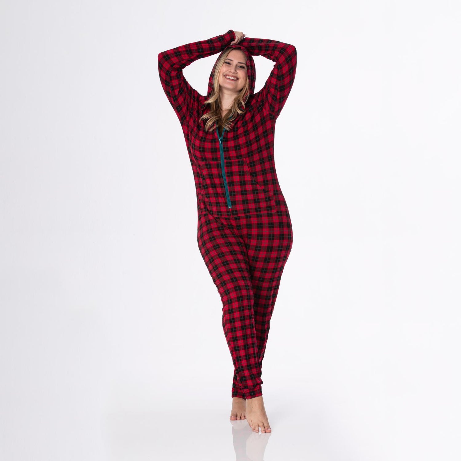 Women's Print Long Sleeve Jumpsuit with Hood in Anniversary Plaid