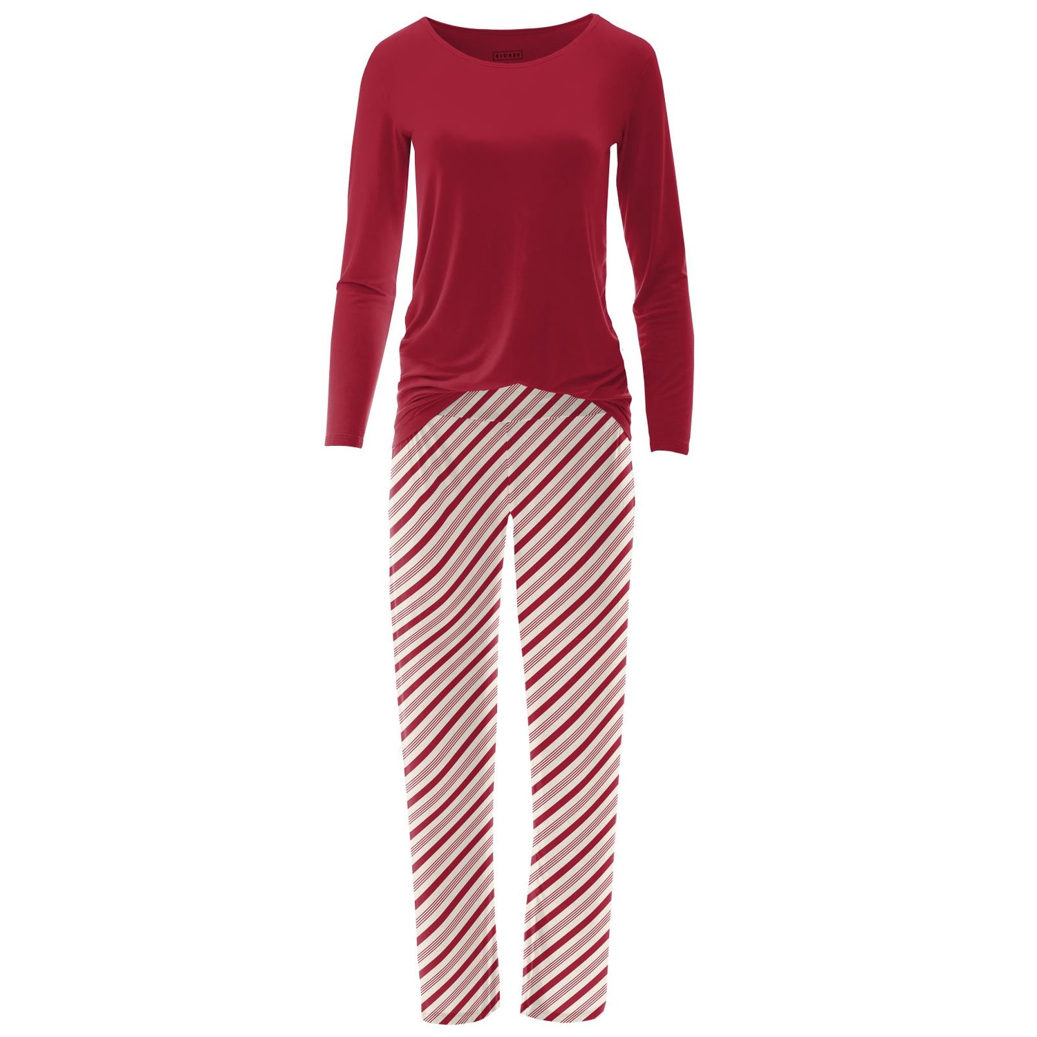 Women's Long Sleeve Loosey Goosey Tee & Pajama Pants Set in Crimson Candy Cane Stripe