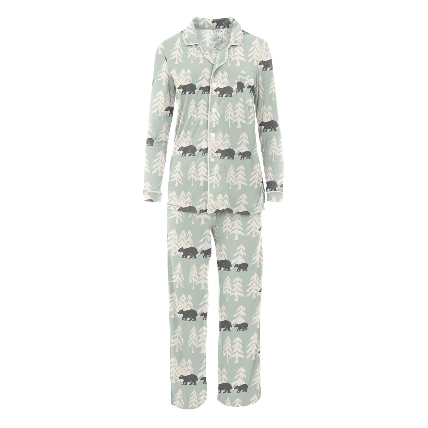 Women's Print Long Sleeve Collared Pajama Set in Aloe Bears and Trees