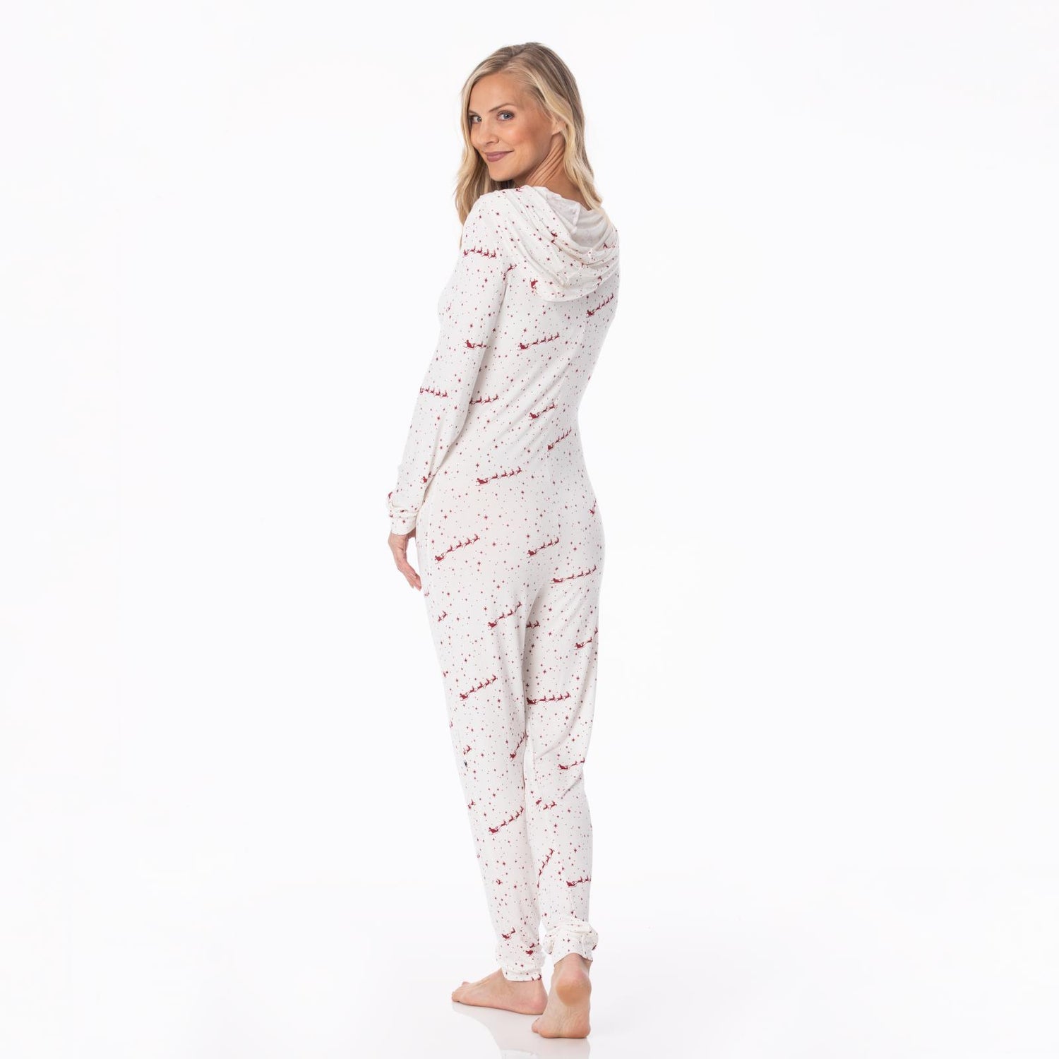Women's Print Long Sleeve Jumpsuit with Hood in Natural Flying Santa