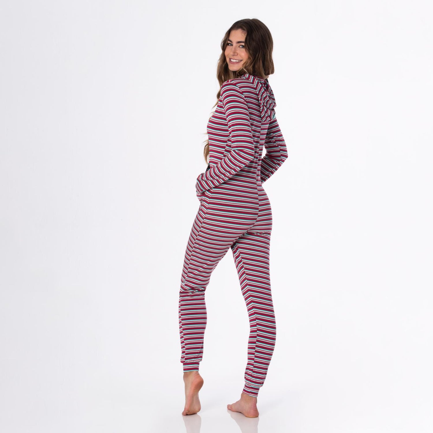 Women's Print Long Sleeve Jumpsuit with Hood in Christmas Stripe