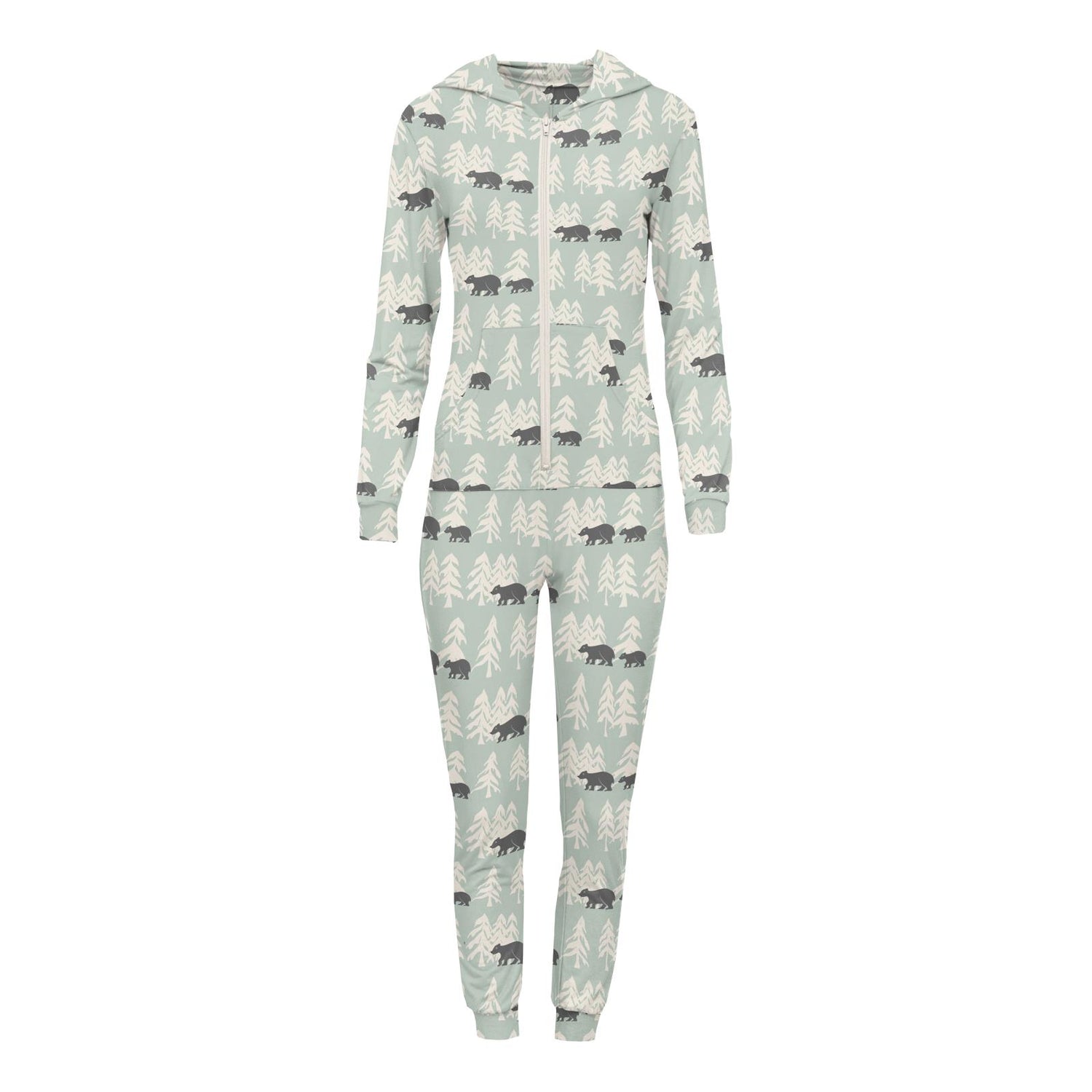 Women's Print Long Sleeve Jumpsuit with Hood in Aloe Bears and Trees