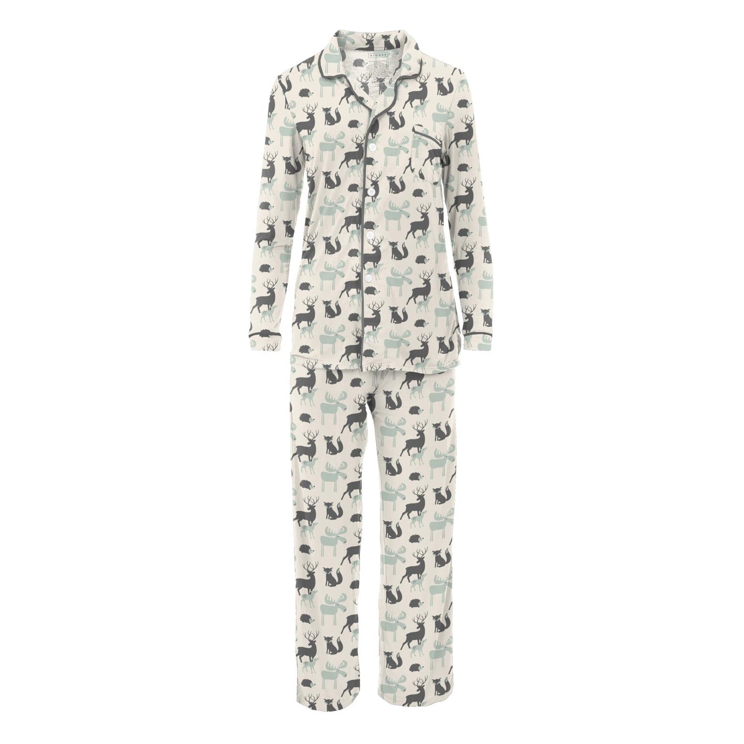 Women's Print Long Sleeve Collared Pajama Set in Natural Forest Animals