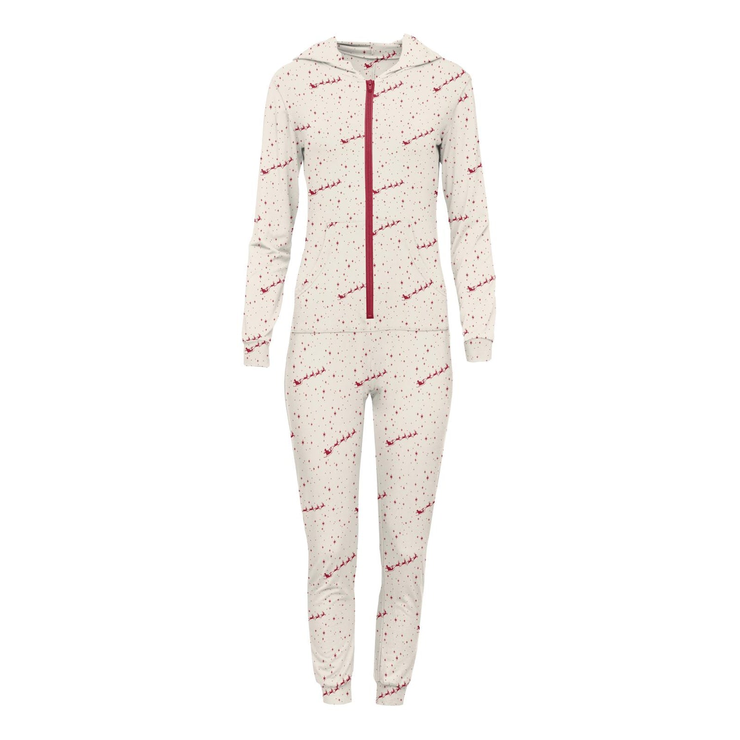 Women's Print Long Sleeve Jumpsuit with Hood in Natural Flying Santa