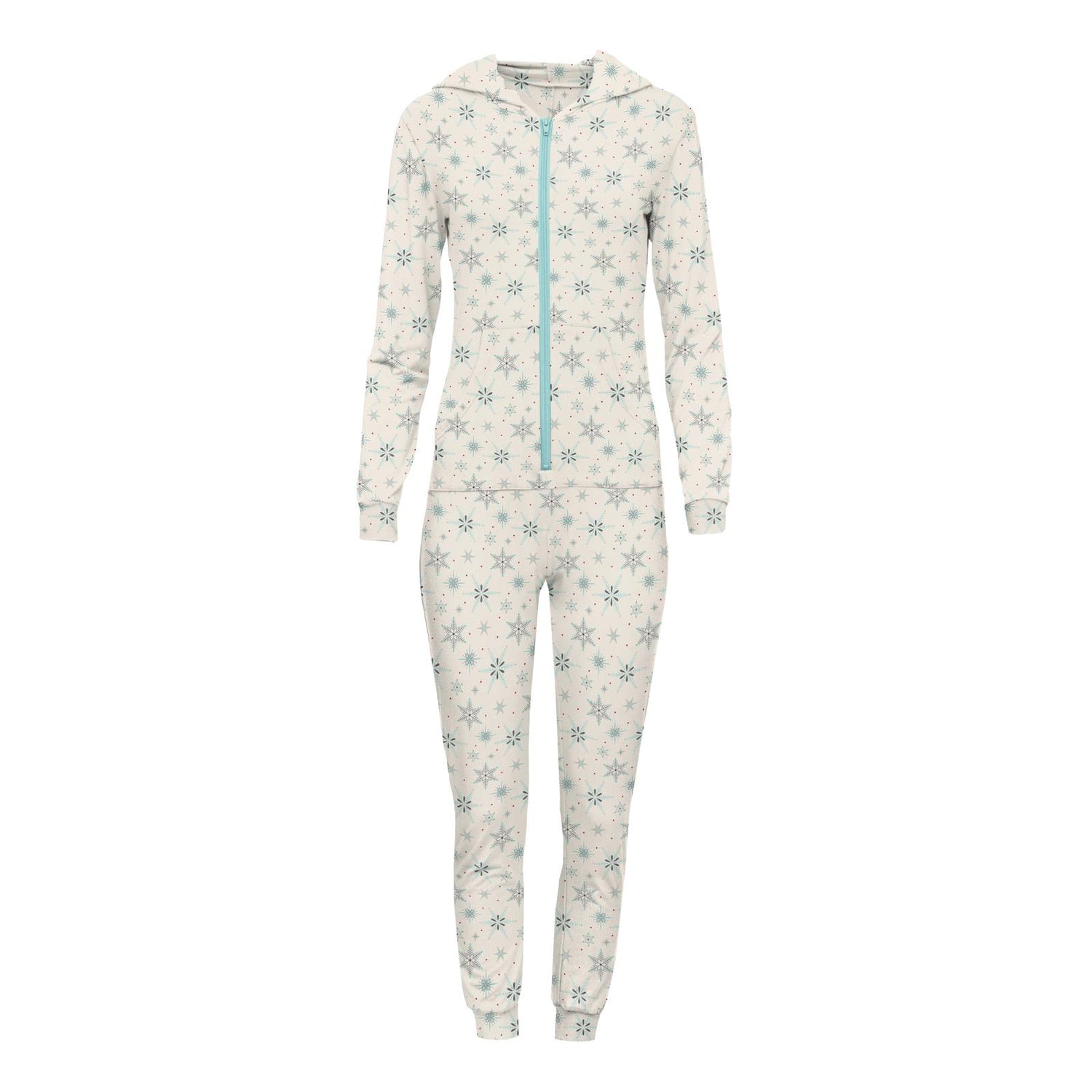 Women's Print Long Sleeve Jumpsuit with Hood in Natural Snowflakes