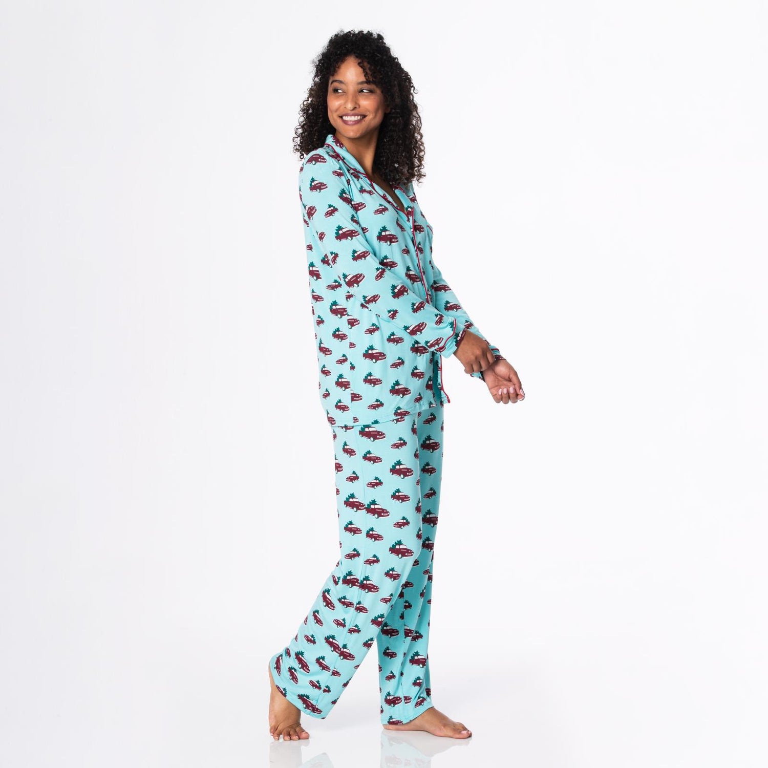Women's Print Long Sleeve Collared Pajama Set in Iceberg Trucks and Trees