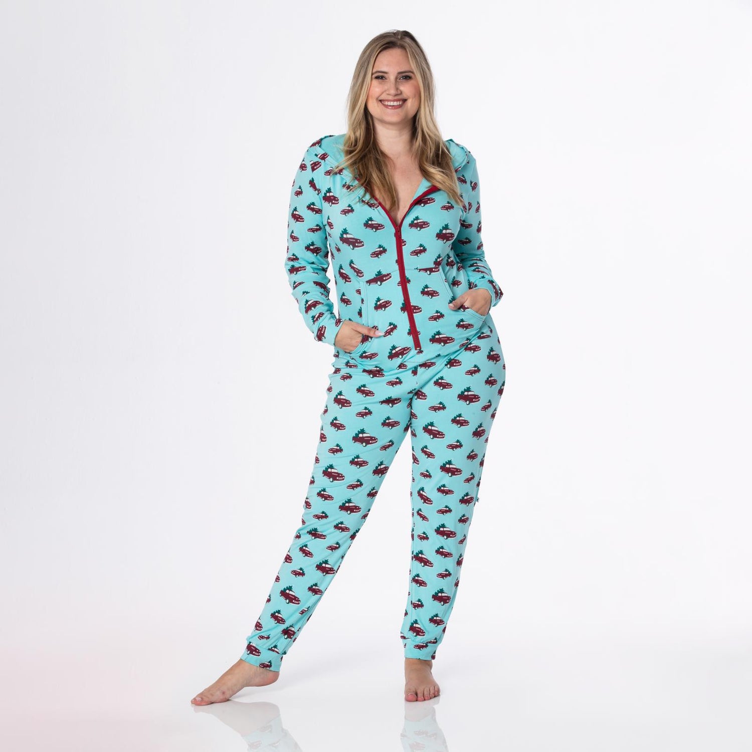 Women's Print Long Sleeve Jumpsuit with Hood in Iceberg Trucks and Trees