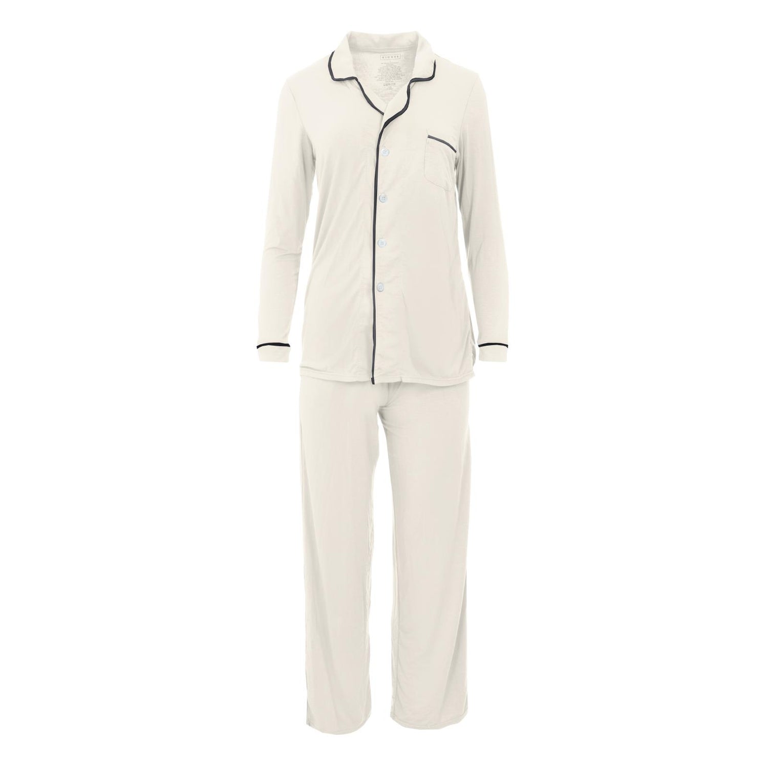 Women's Solid Long Sleeved Collared Pajama Set in Natural with Deep Space