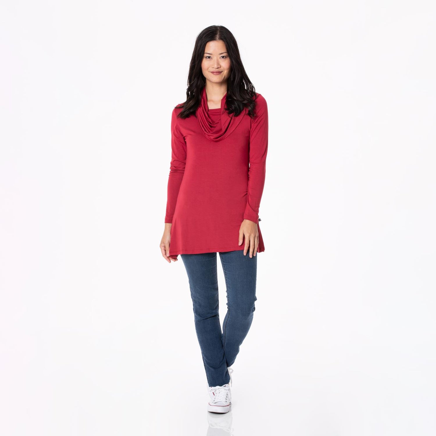 Women's Solid Long Sleeve Cowl-Neck Tunic in Wild Strawberry