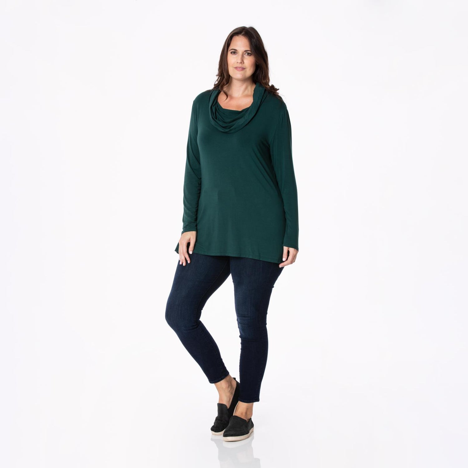Women's Solid Long Sleeve Cowl-Neck Tunic in Pine