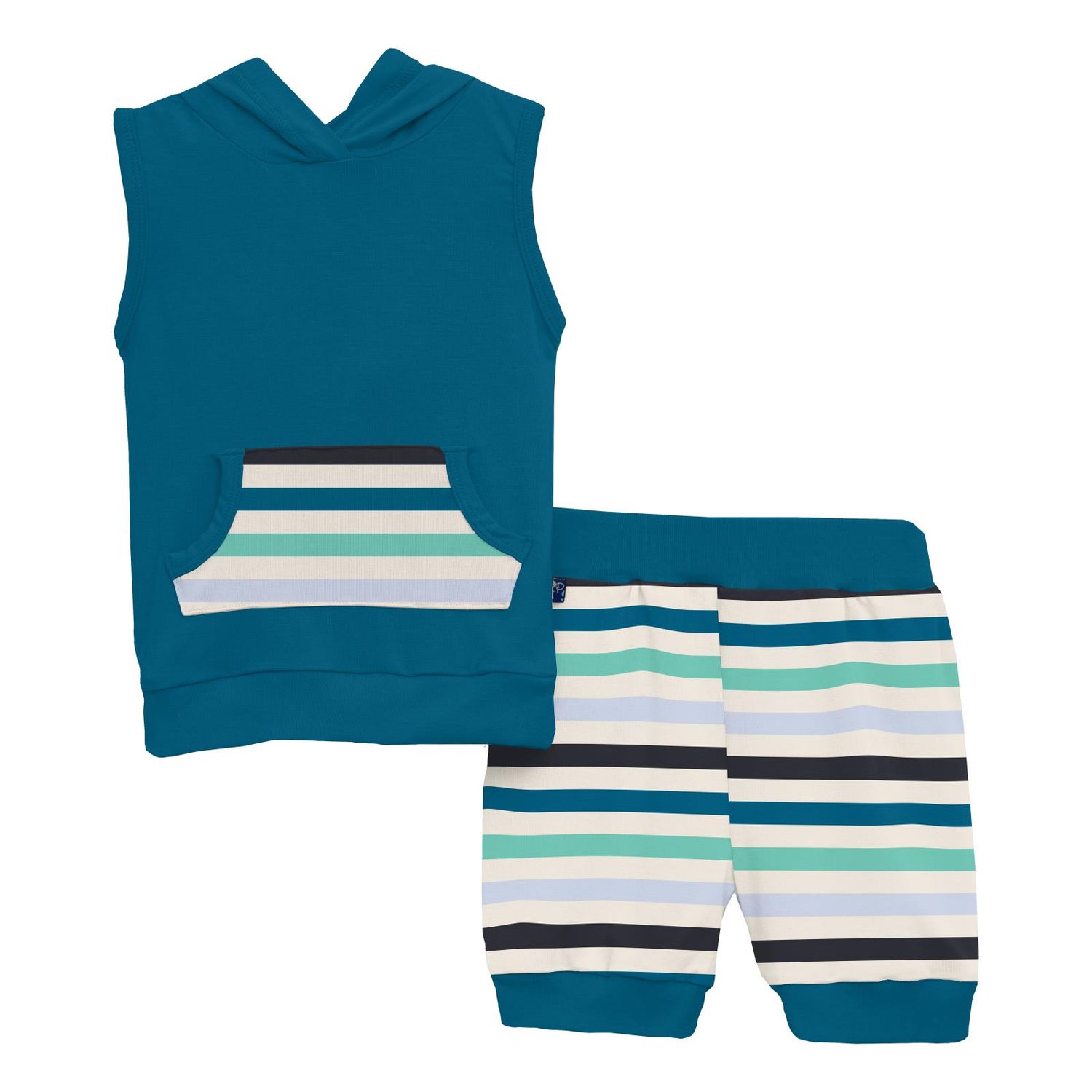 Print Short Sleeve Hoodie Tank Outfit Set in Little Boy Blue Stripe