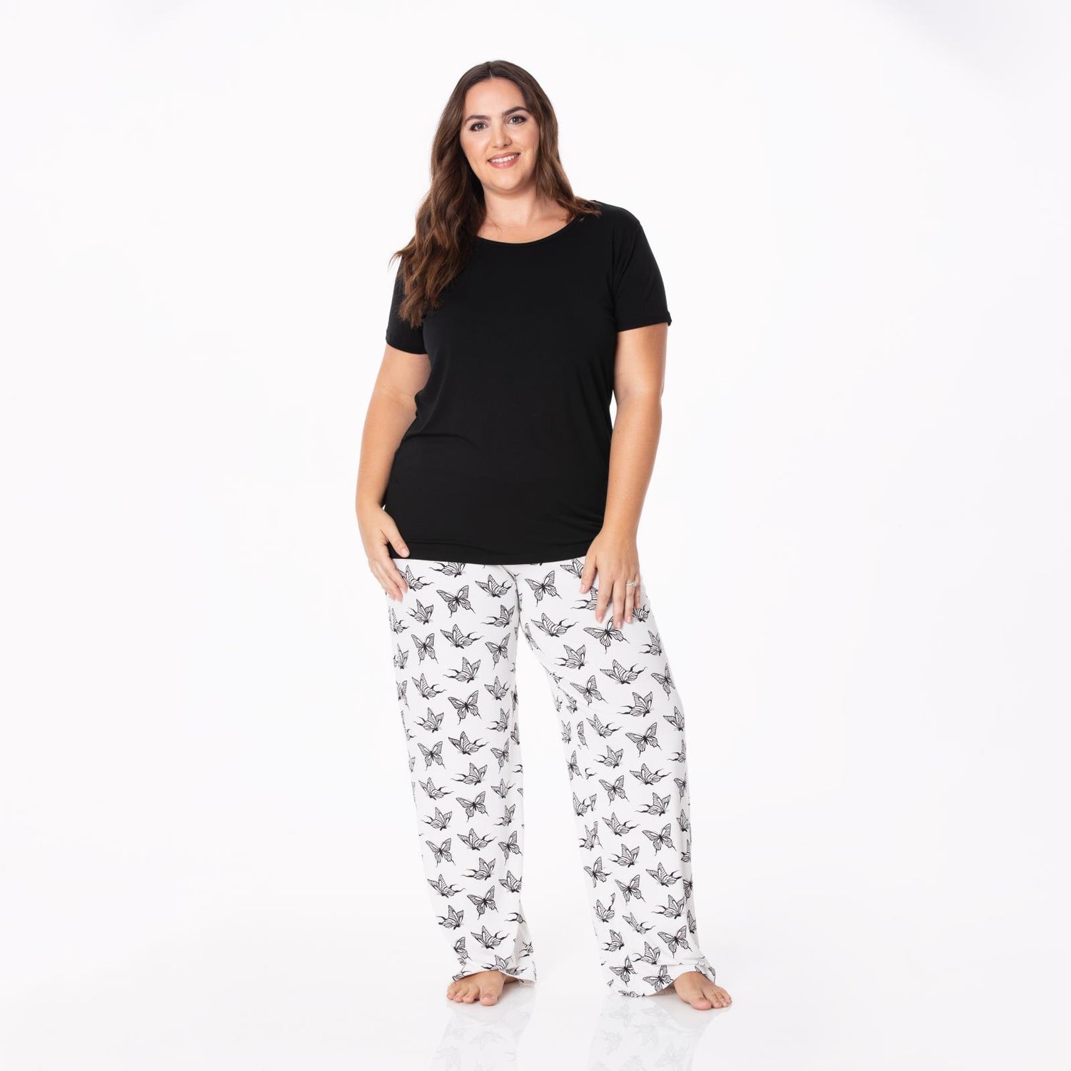 Women's Print Short Sleeve Loosey Goosey Tee & Pajama Pants Set in Natural Swallowtail
