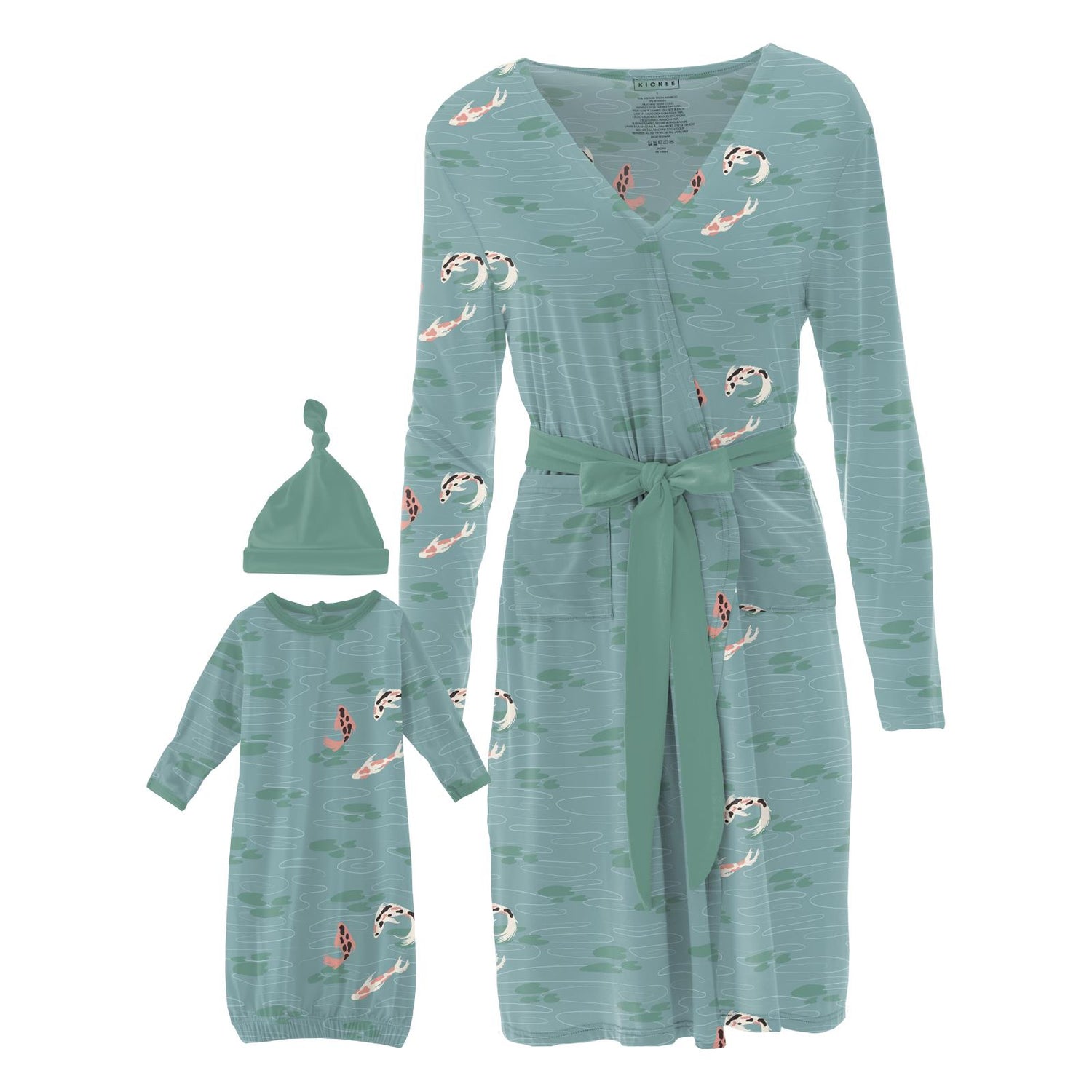 Women's Mid Length Lounge Robe & Layette Gown Set in Jade Koi Pond