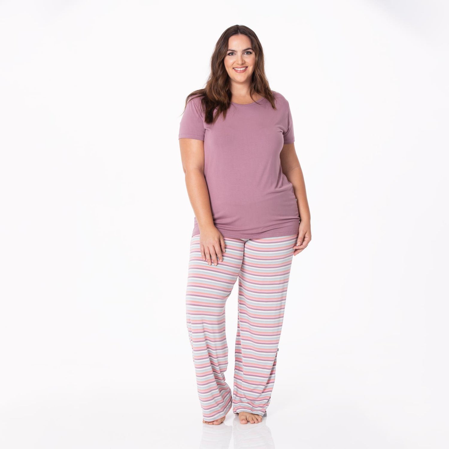 Women's Print Short Sleeve Loosey Goosey Tee & Pajama Pants Set in Spring Bloom Stripe