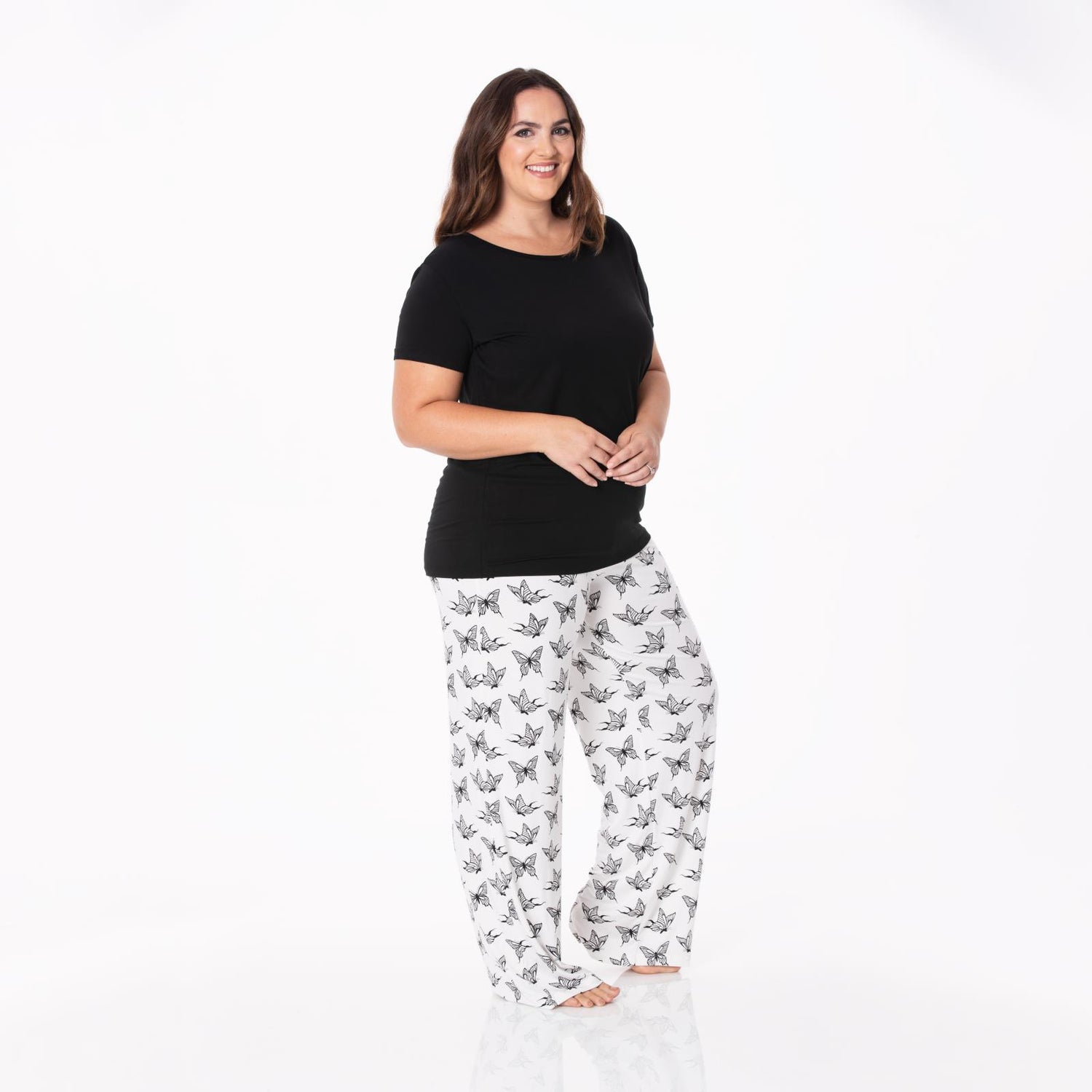 Women's Print Short Sleeve Loosey Goosey Tee & Pajama Pants Set in Natural Swallowtail
