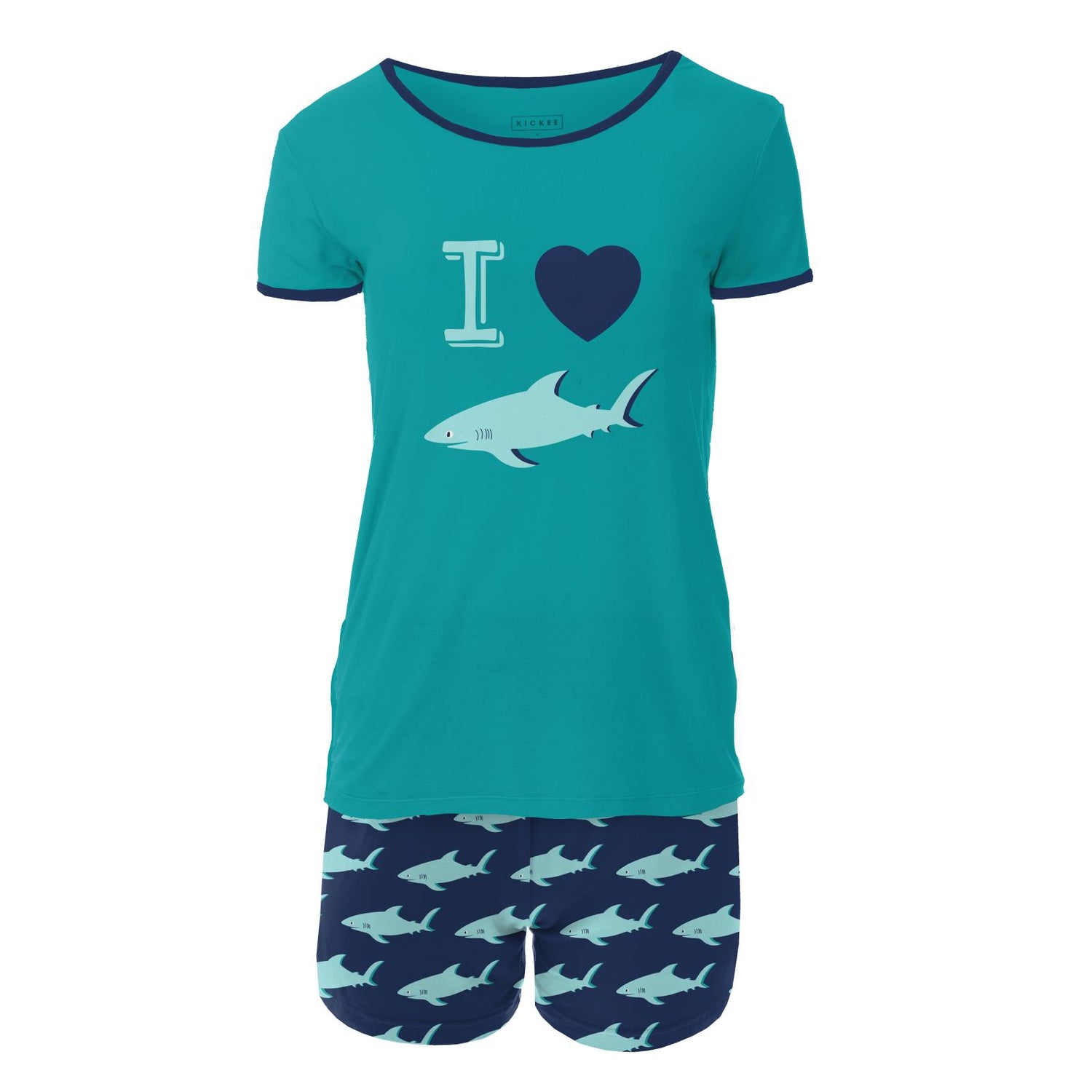 Women's Short Sleeve Graphic Tee Fitted Pajama Set with Shorts in Flag Blue Sharky